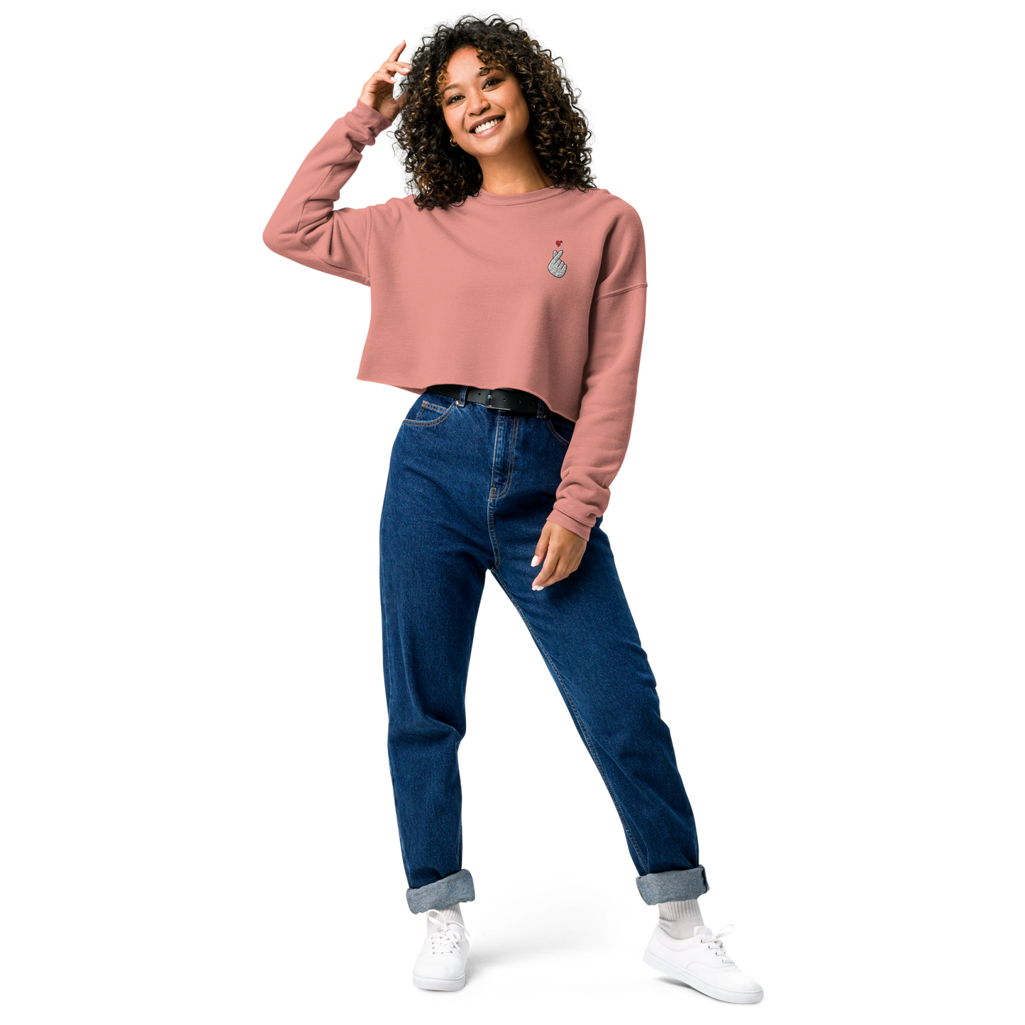 Finger Heart Embroidered Crop Sweatshirt