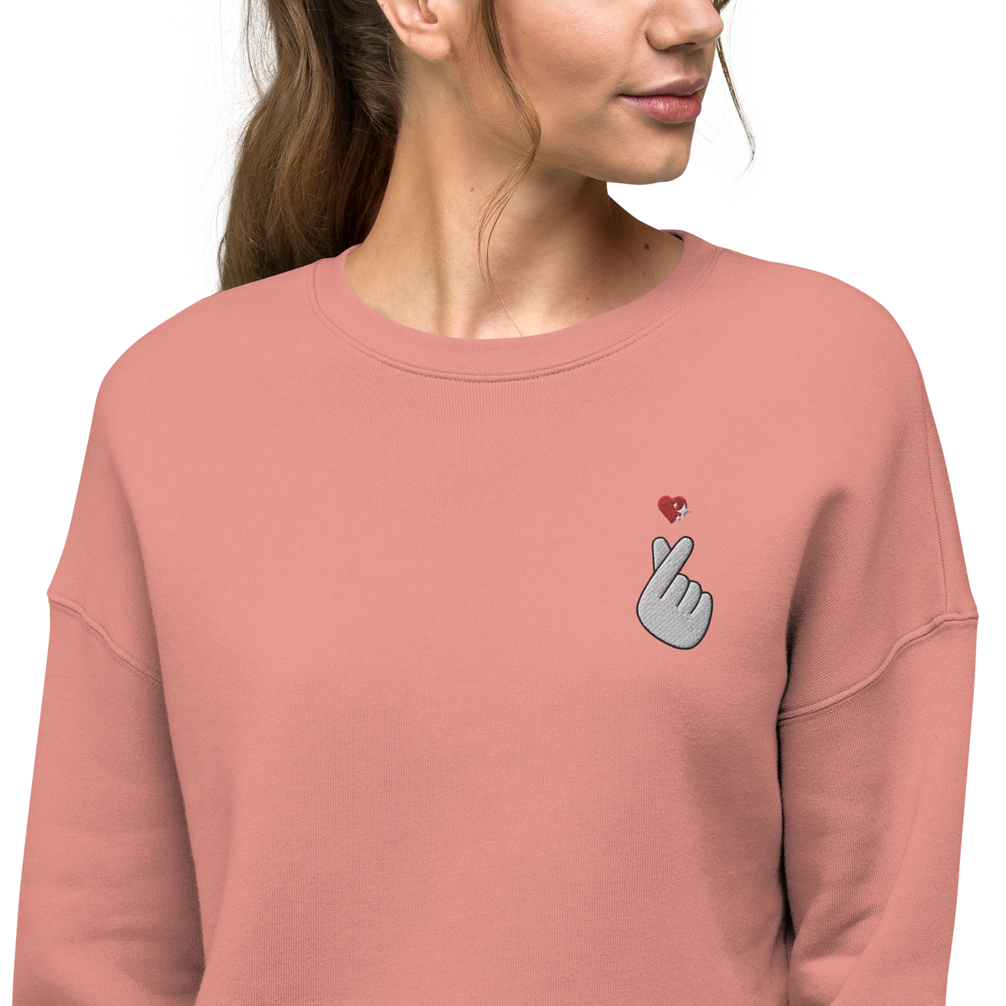 Finger Heart Embroidered Crop Sweatshirt